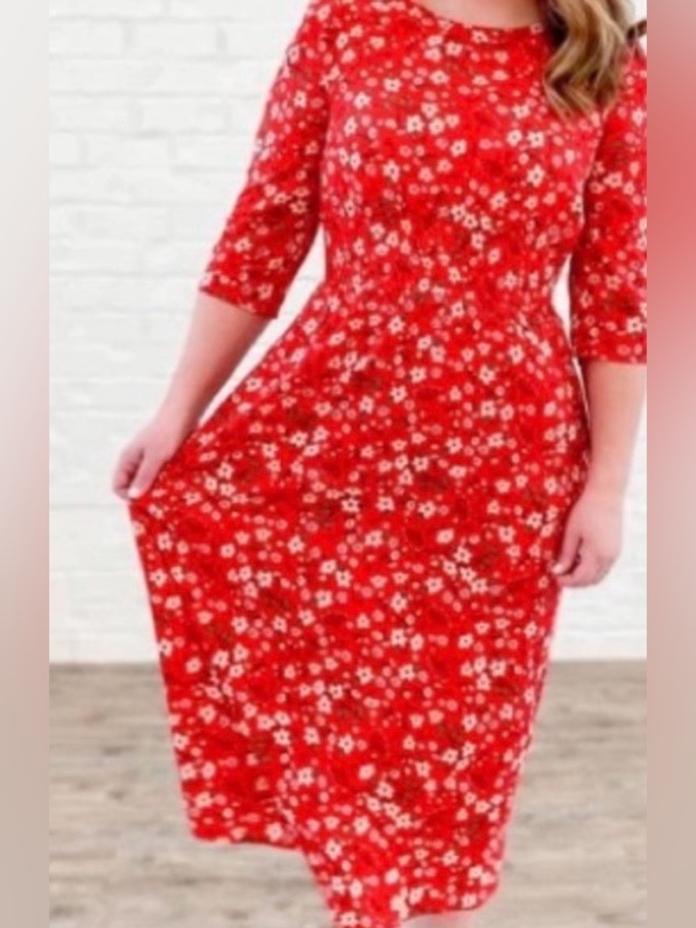 Hayden LA Red Floral Midi Dress with Three-Quarter Flutter Sleeves